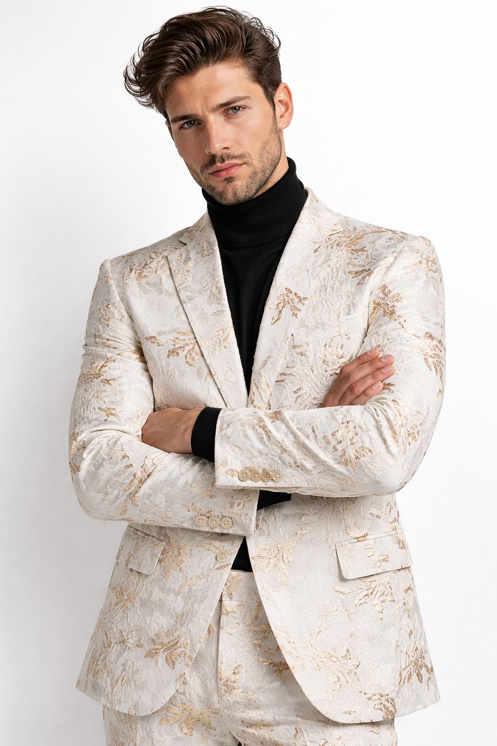Mens White and Gold Embroidered Floral Prom Tuxedo Suit