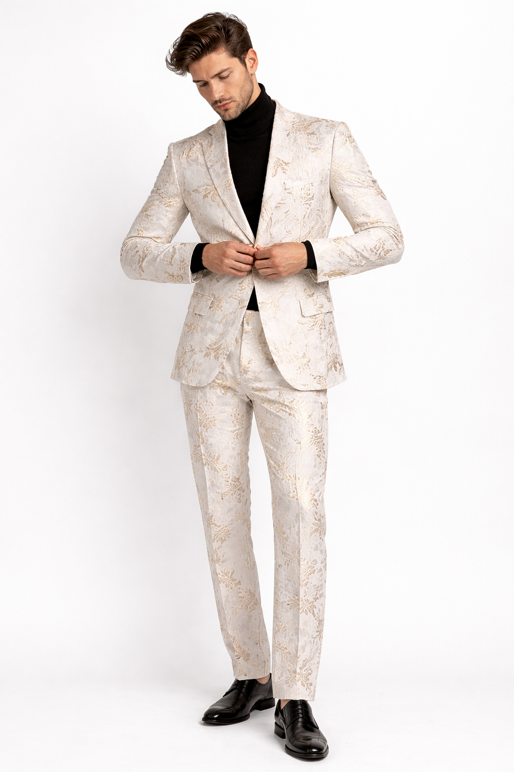 Mens White and Gold Embroidered Floral Prom Tuxedo Suit