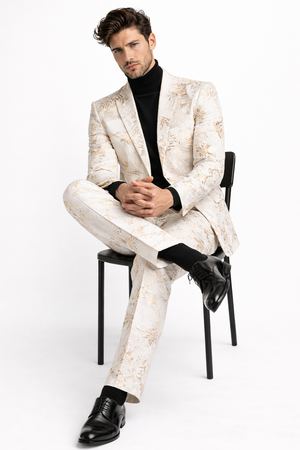 Mens White and Gold Embroidered Floral Prom Tuxedo Suit