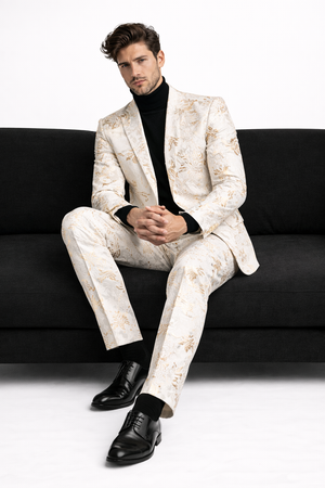 Mens White and Gold Embroidered Floral Prom Tuxedo Suit