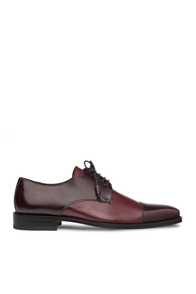 Mens Mezlan Cap-Toe Dress Lace-Up Blending Supple Textured Deerskin And Polished Calfskin With An Elegant Tassel Detail In Color Burgundy