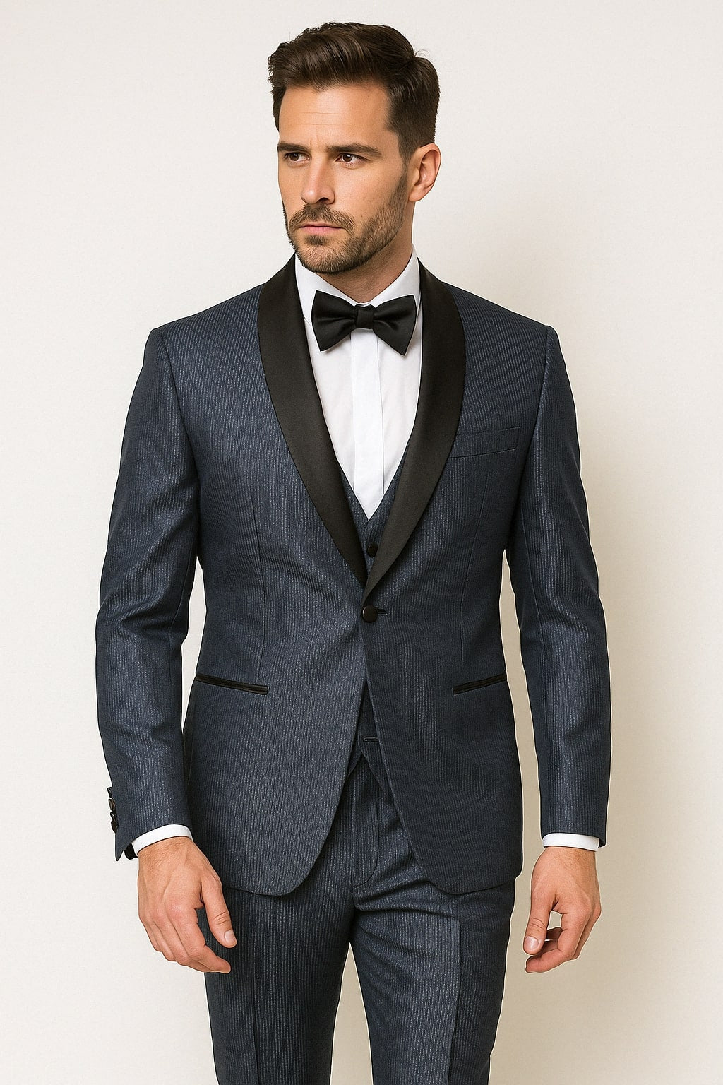 Mens Midnight Blue Stripe Tuxedo Jacket with Black Satin Shawl Lapel ƒ?? Shiny Formal Party Suit