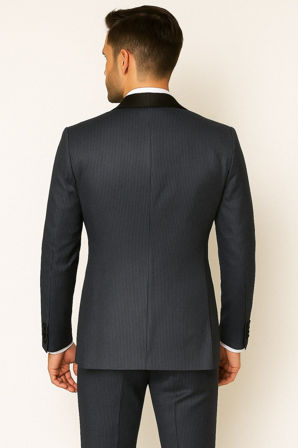Mens Midnight Blue Stripe Tuxedo Jacket with Black Satin Shawl Lapel ƒ?? Shiny Formal Party Suit