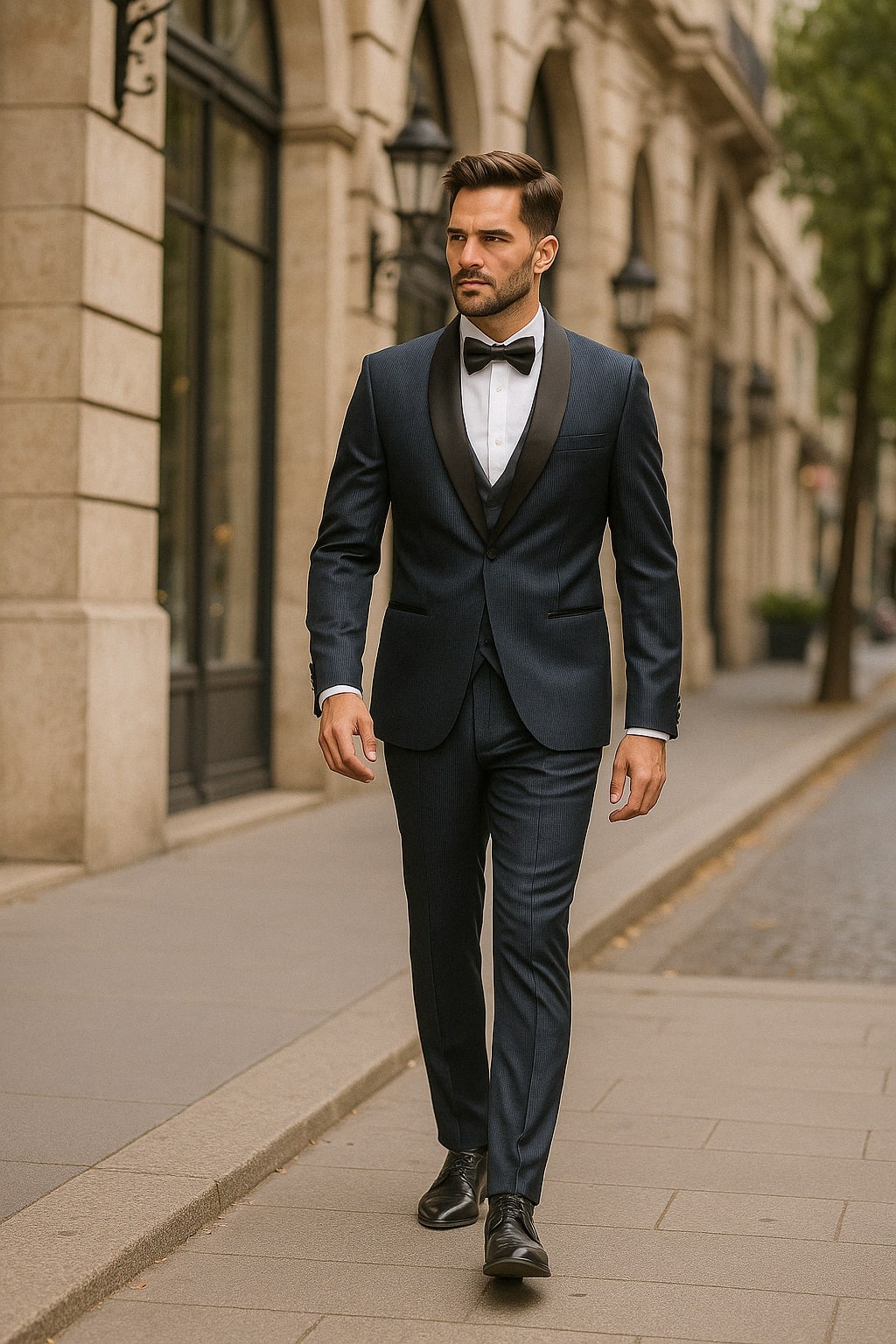 Mens Midnight Blue Stripe Tuxedo Jacket with Black Satin Shawl Lapel ƒ?? Shiny Formal Party Suit