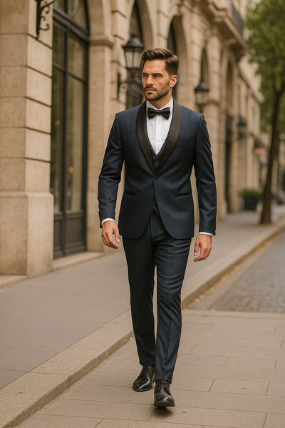 Mens Midnight Blue Stripe Tuxedo Jacket with Black Satin Shawl Lapel ƒ?? Shiny Formal Party Suit 3   - from alligatorwarehouse.com