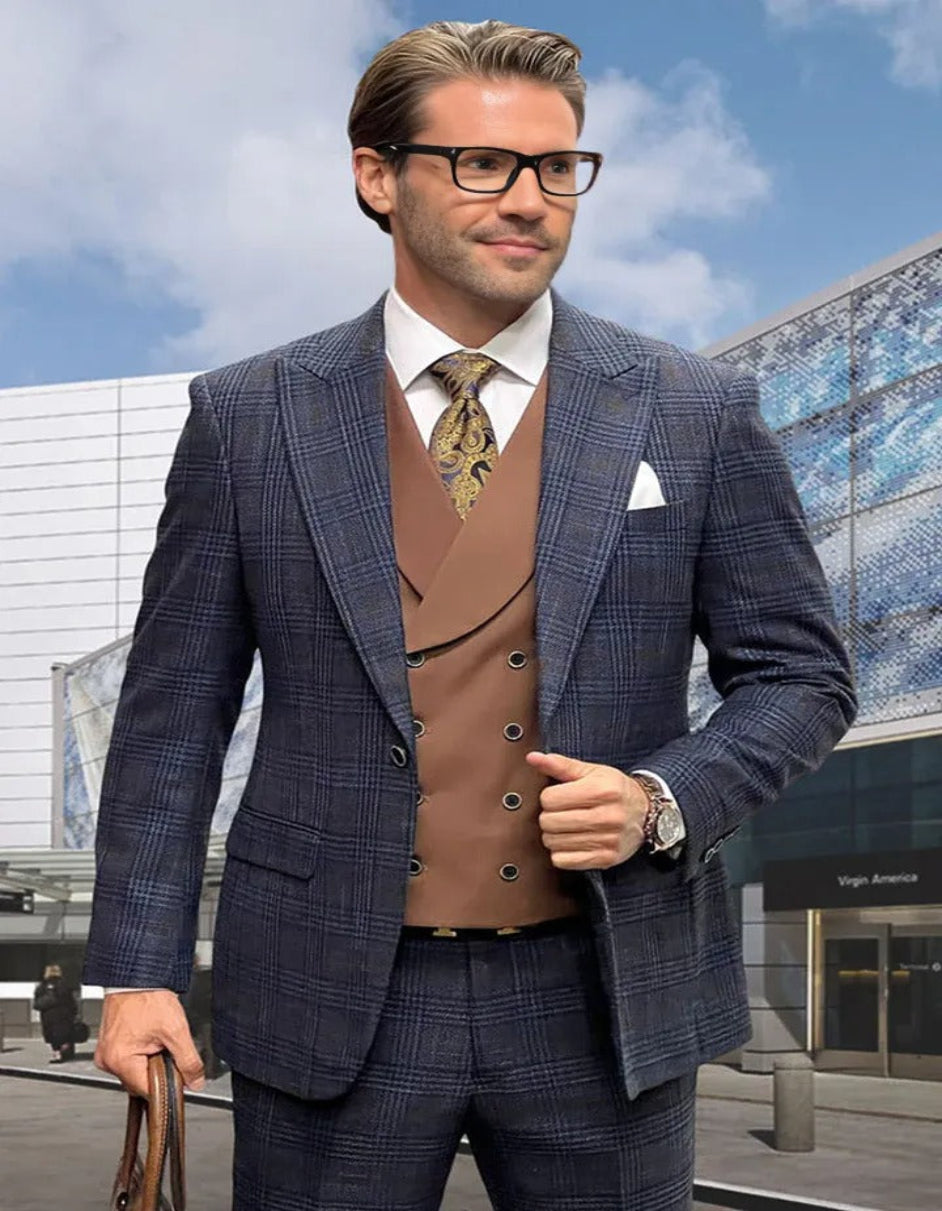 Men's Designer Wool Vested Midnight Blue Glen Plaid Suit