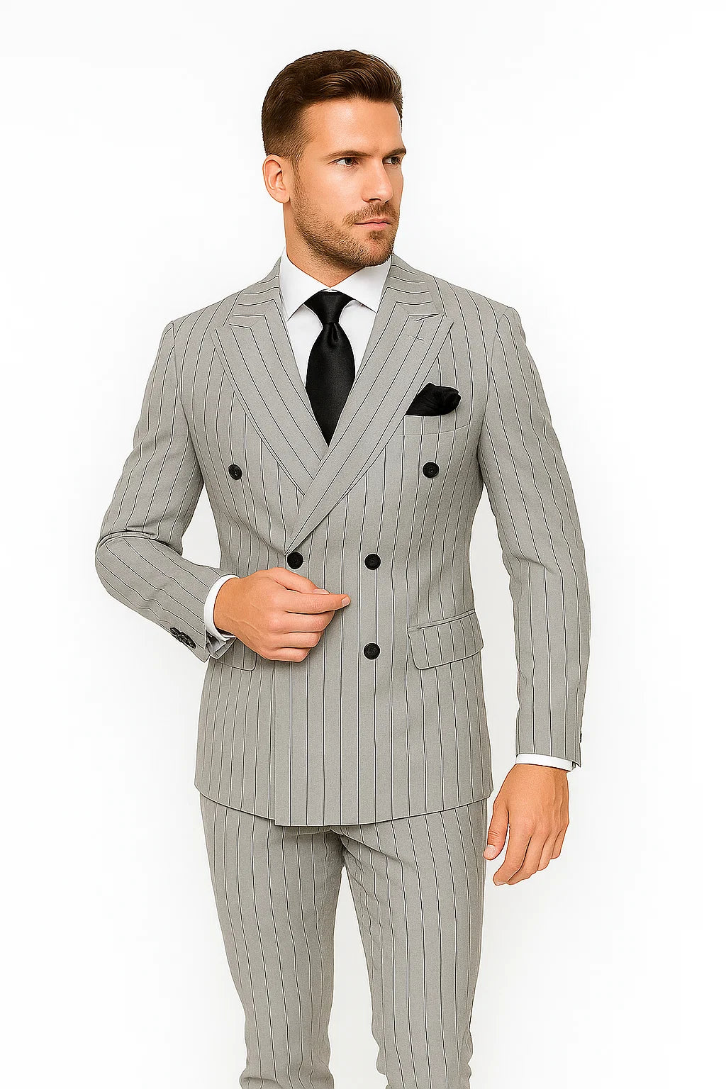 Gray and Black Pinstripe Double Breasted - Modern Fit 1920s Vintage Looking Suit