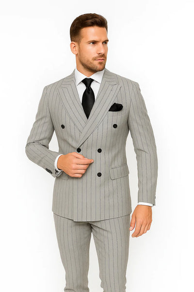 Gray and Black Pinstripe Double Breasted - Modern Fit 1920s Vintage Looking Suit 2   - from alligatorwarehouse.com