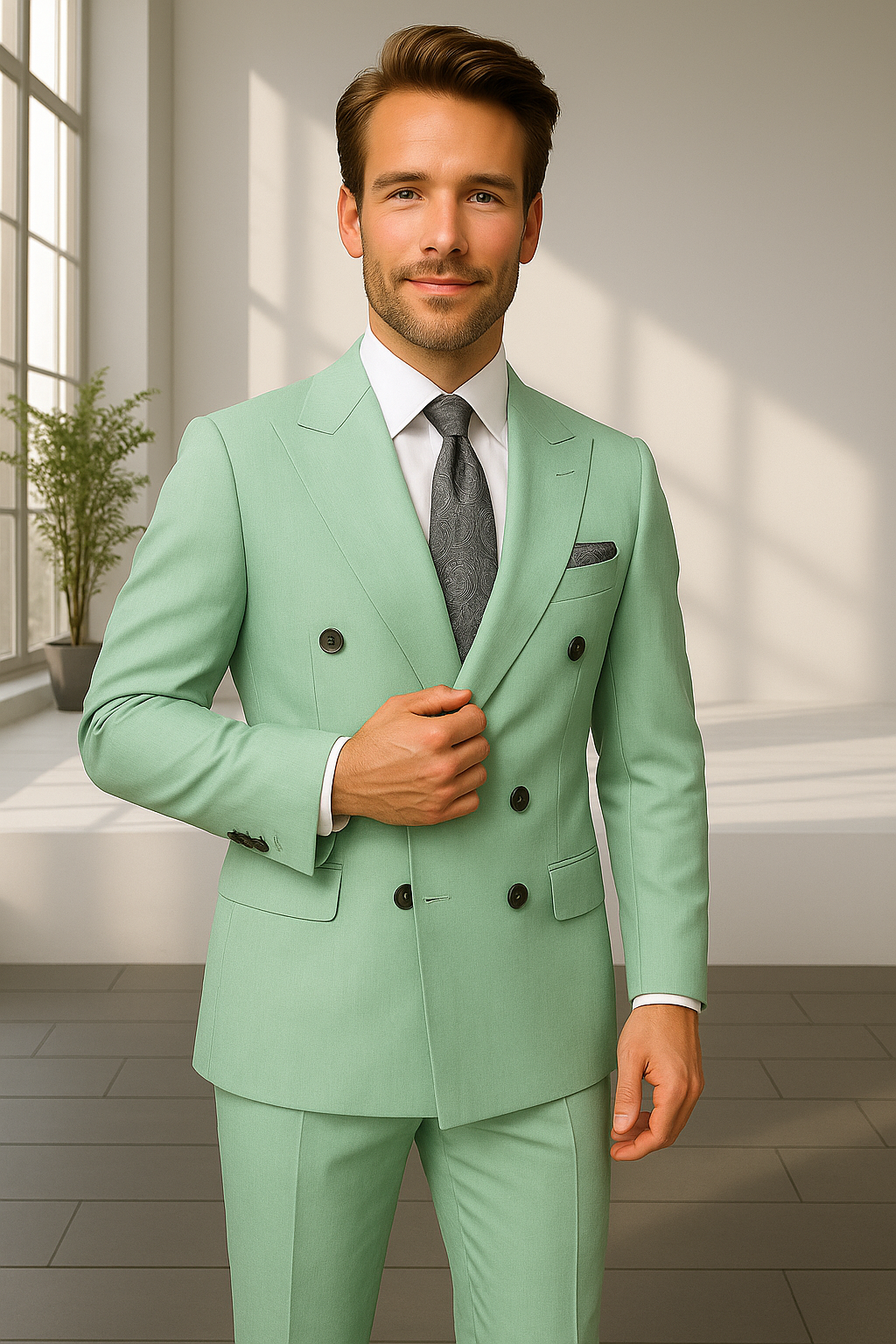 Wool Suit - Italian Made Business Suit by Statement Men's 2 Piece 100% Wool Double Breasted Suit - Pinstripe Pattern