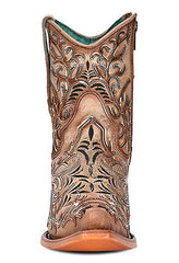 Corral Tan Ankle Booties with Dark Embroidery and Mirrored Overlay and Toe Design