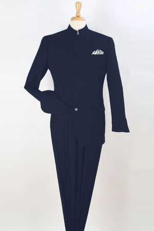 Apollo King Navy Banded Collar Fashion Suit - Five Button