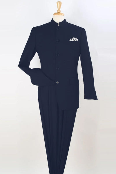 Apollo King Navy Banded Collar Fashion Suit - Five Button