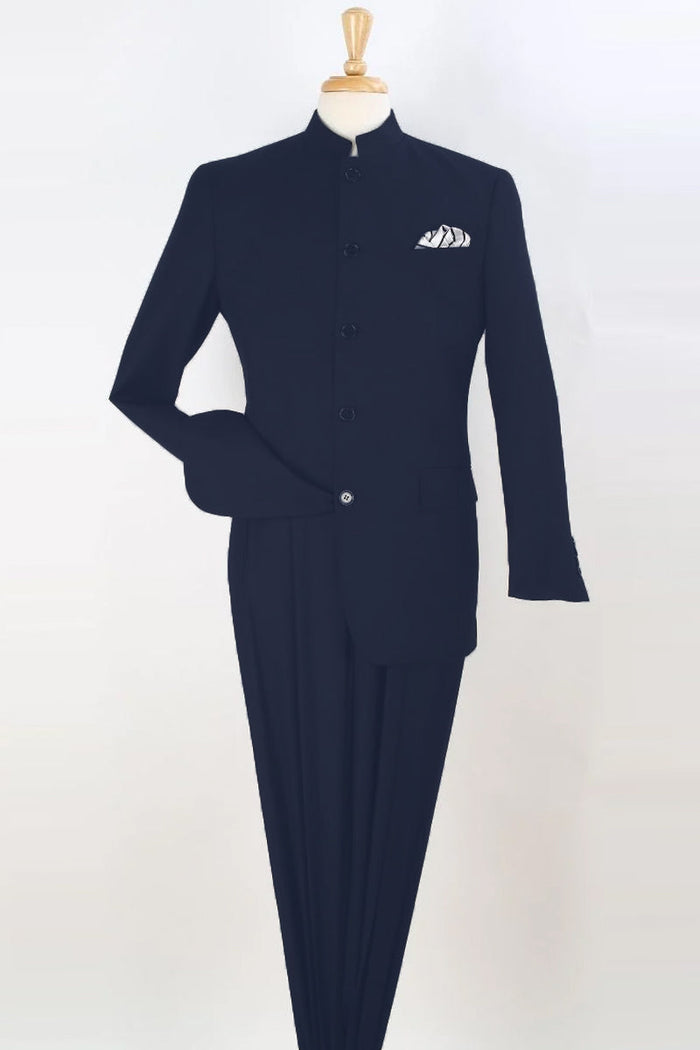 Apollo King Navy Banded Collar Fashion Suit - Five Button
