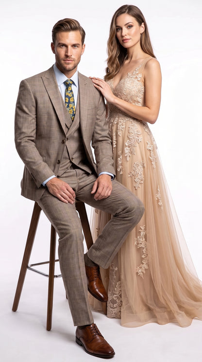 Men’s Tan Plaid 3 Piece Suit, 2 Button Vested Peak Lapel Formal Wedding Business Suit