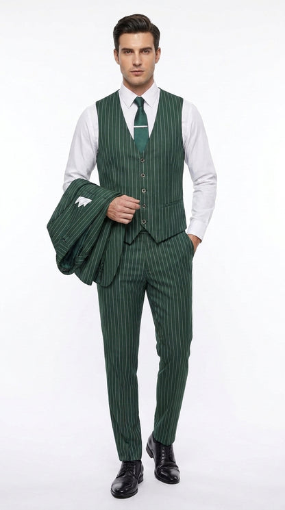 Men’s Hunter Green Great Gatsby Pinstripe Suit, 1920s Gangster 3 Piece Formal Outfit