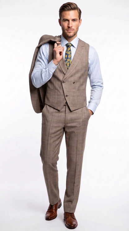 Men’s Tan Plaid 3 Piece Suit, 2 Button Vested Peak Lapel Formal Wedding Business Suit