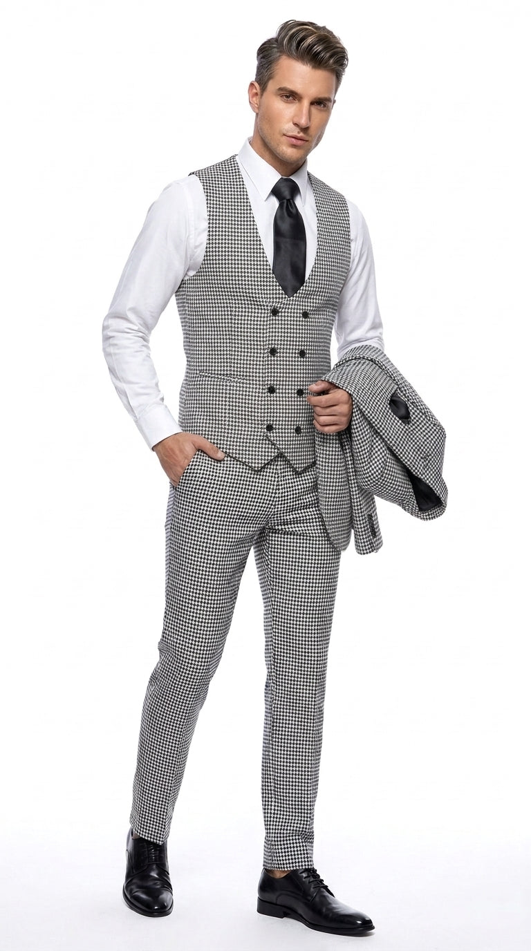 Men’s Black & White Houndstooth Check 3-Piece Pure Wool Suit with Double-Breasted Vest & Flat Front Pants