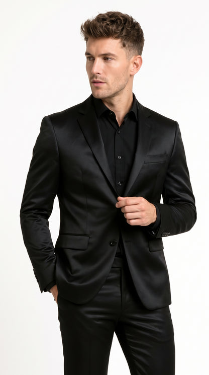 Men’s Black Satin Flex 2 Piece Suit, Slim Fit Sport Coat and Matching Pants Formal Dress Suit