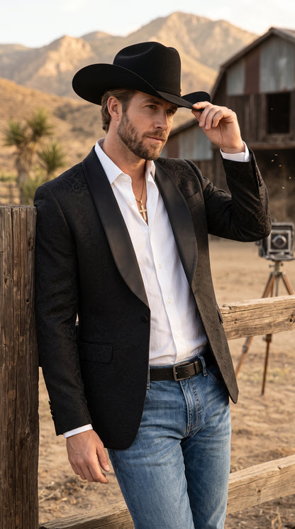 Men’s Black Paisley Jacquard Blazer – Satin Shawl Lapel Western Formal Designer Dinner Jacket