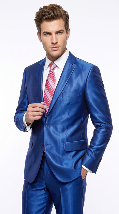 Men’s Royal Blue Shiny Sharkskin Suit, Modern Fit Formal Wedding Prom Dress Suit