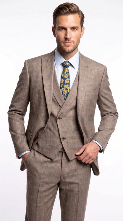 Men’s Tan Plaid 3 Piece Suit, 2 Button Vested Peak Lapel Formal Wedding Business Suit