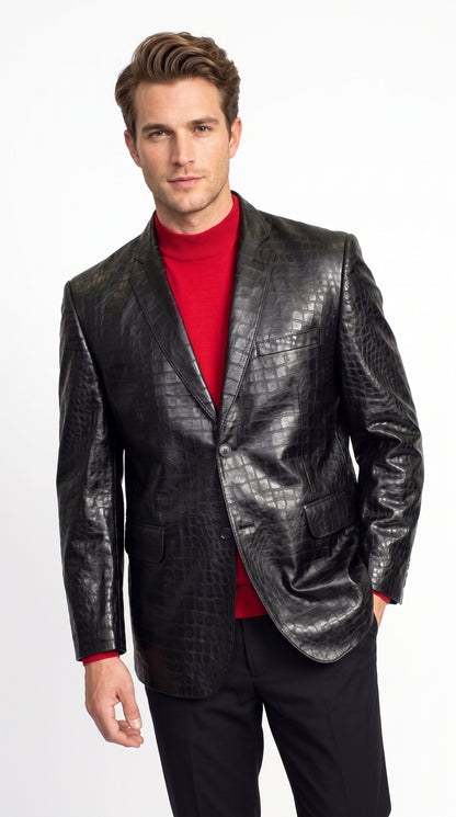 Zacchi Men’s Black Alligator Leatherette Jacket, Mickey Crocodile Print 2 Button Blazer