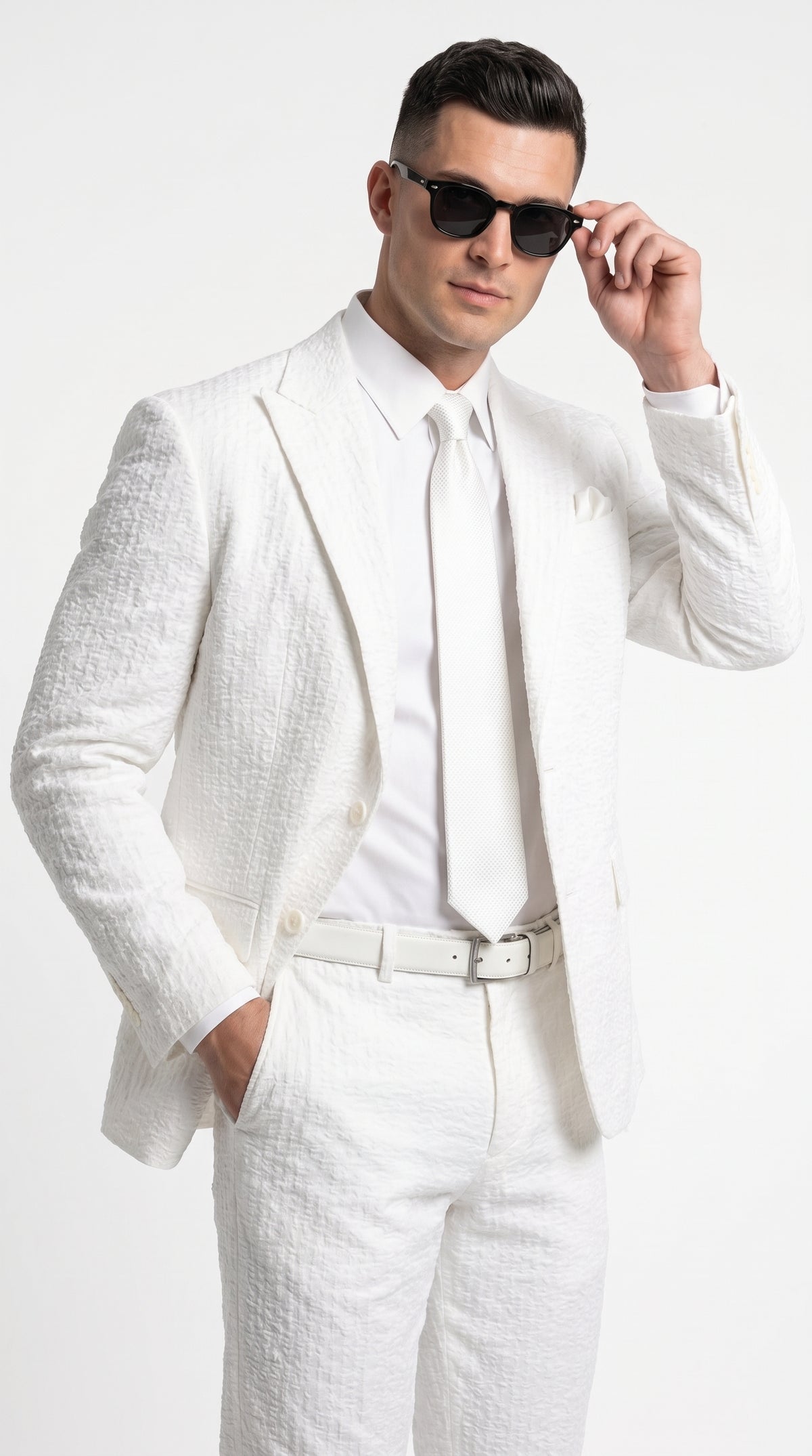 Men’s Premium White Cotton Seersucker Stripe Suit – Lightweight Summer Wedding & Formal Suit