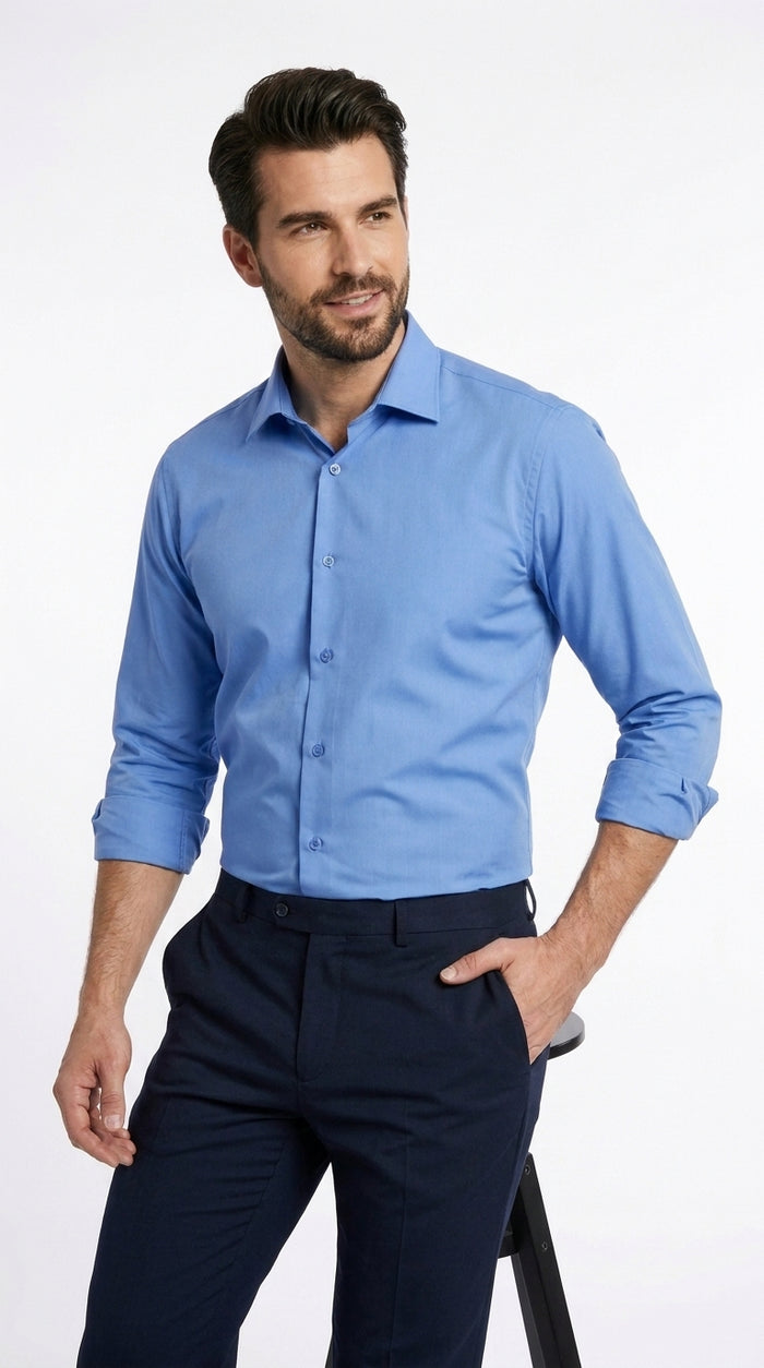 Men’s Azure Blue Dress Shirt with Classic Spread Collar, Formal Prom and Wedding Shirt