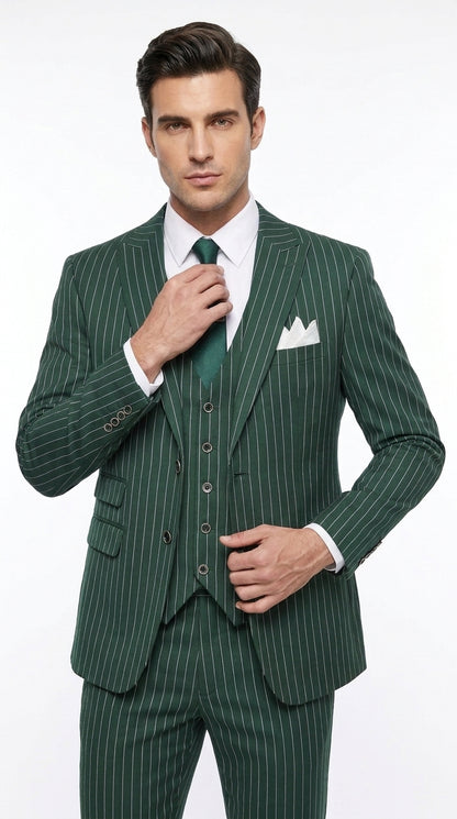 Men’s Hunter Green Great Gatsby Pinstripe Suit, 1920s Gangster 3 Piece Formal Outfit