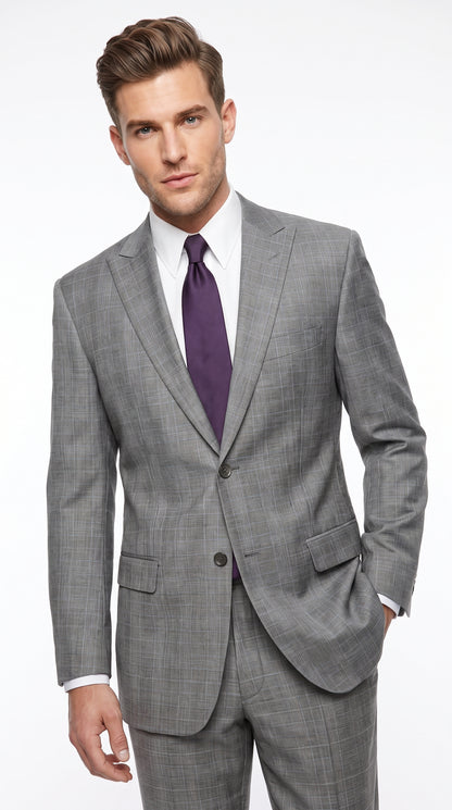 Men’s Grey Plaid 2 Button Suit, Modern Fit Peak Lapel Formal Wedding Business Suit