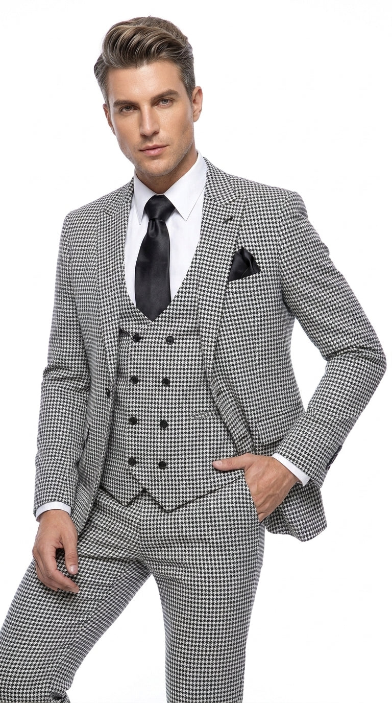 Men’s Black & White Houndstooth Check 3-Piece Pure Wool Suit with Double-Breasted Vest & Flat Front Pants