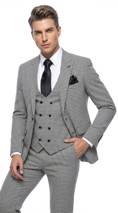 Men’s Black & White Houndstooth Check 3-Piece Pure Wool Suit with Double-Breasted Vest & Flat Front Pants