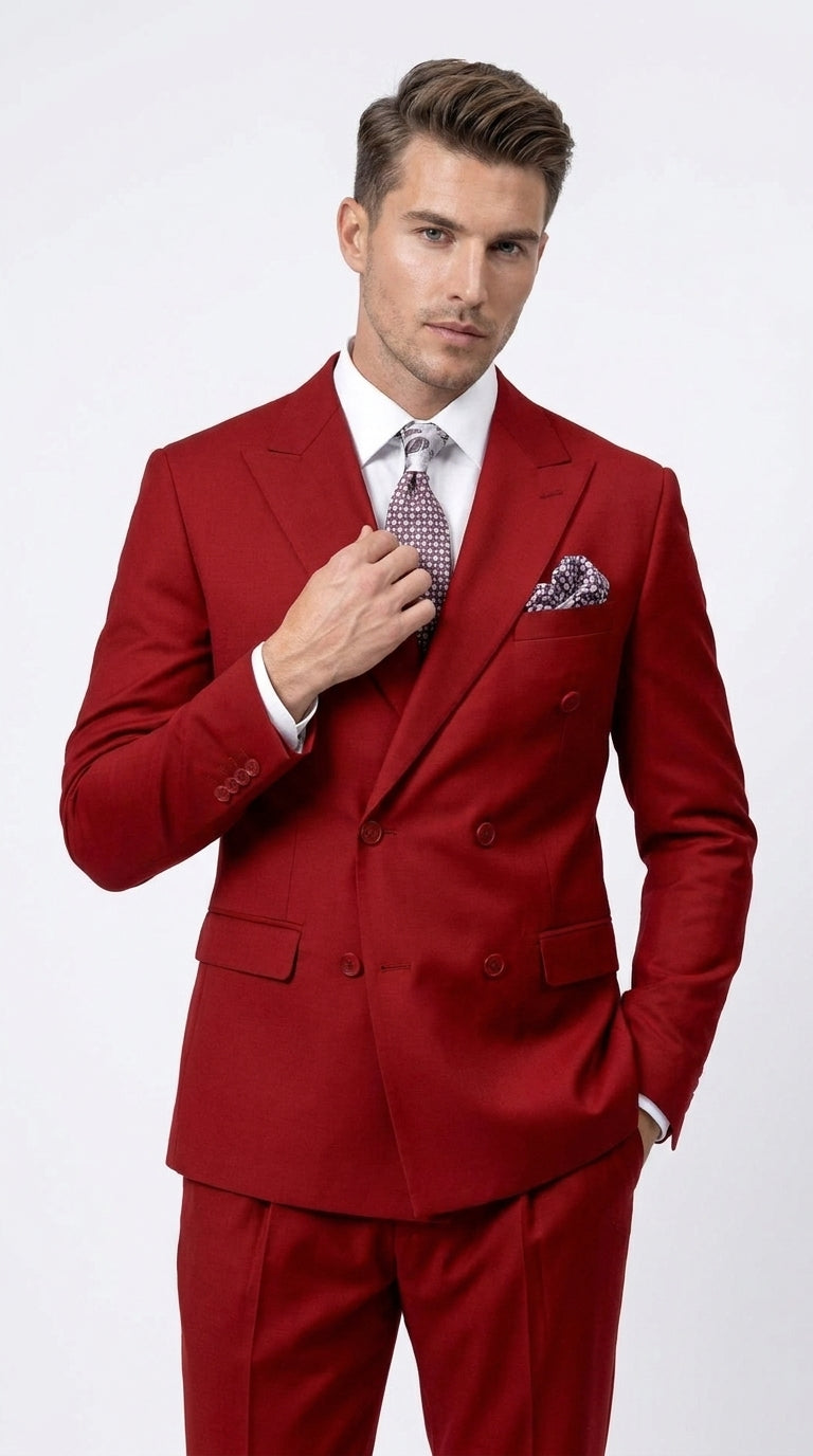 Men's Red Double Breasted Suit – Regular Fit 2-Piece Pleated Pants Wedding, Church & Formal Dress Suit