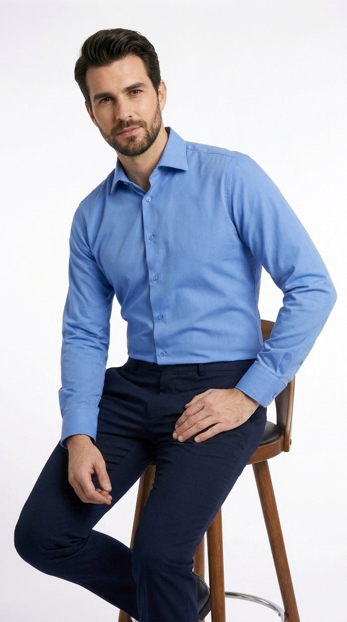 Men’s Azure Blue Dress Shirt with Classic Spread Collar, Formal Prom and Wedding Shirt