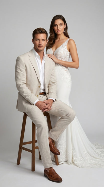 Men’s Natural Sand Linen Suit – Light Tan 2-Piece Summer Beach Wedding Suit