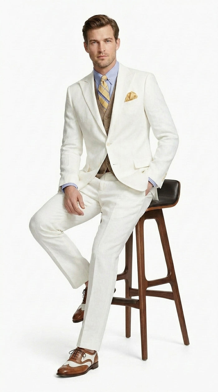 Men’s Ivory Great Gatsby Vested Suit with Brown Vest, Peak Lapel Vintage Wedding Suit