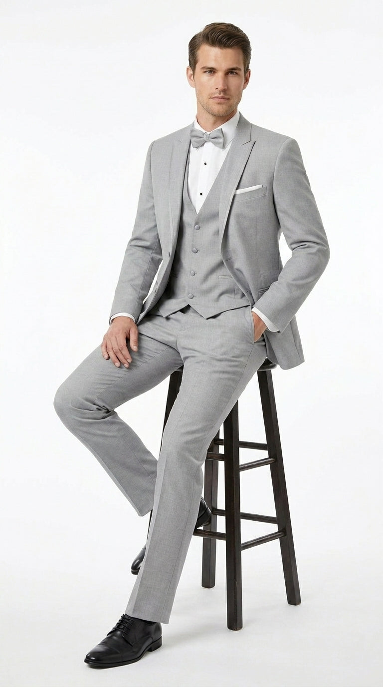 Men’s Light Grey Marseille 1 Button Peak Lapel Tuxedo with Satin Trim, Designer Wedding Suit