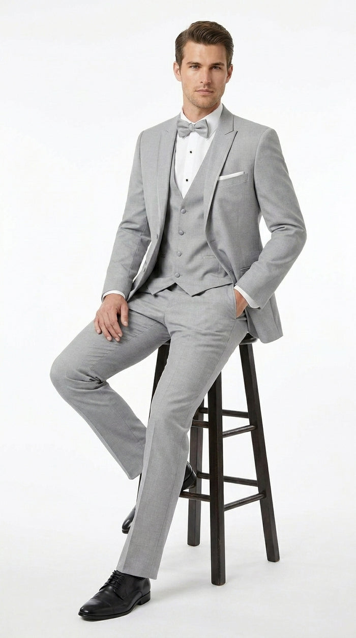 Men’s Light Grey Marseille 1 Button Peak Lapel Tuxedo with Satin Trim, Designer Wedding Suit