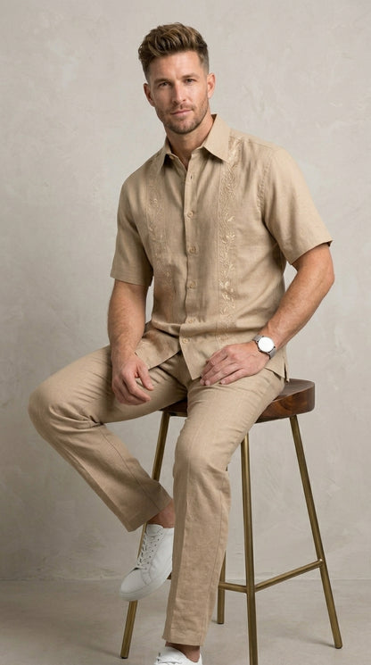 Men’s Sand Beige Embroidered 2 Piece Walking Suit with Short Sleeve Shirt and Matching Pants