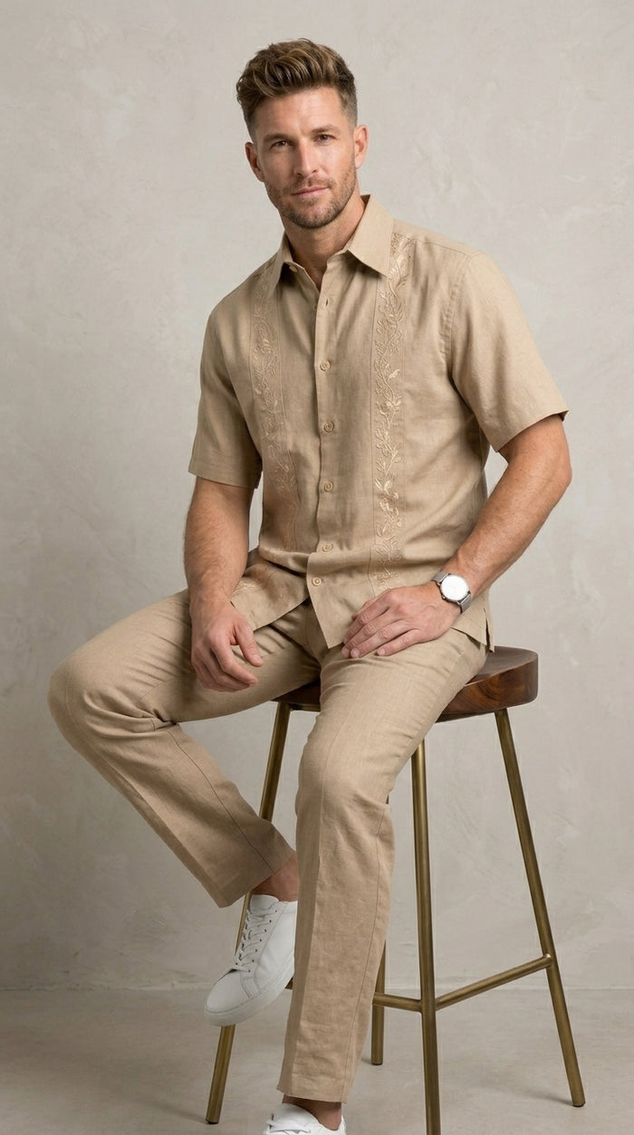 Men’s Sand Beige Embroidered 2 Piece Walking Suit with Short Sleeve Shirt and Matching Pants
