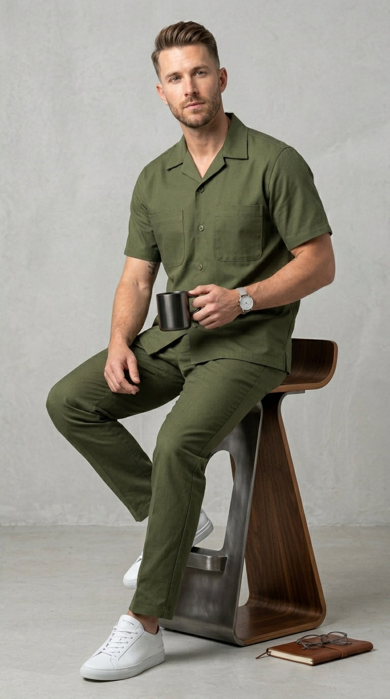 Men’s Olive Short Sleeve Walking Suit with Button Front Shirt and Matching Pants