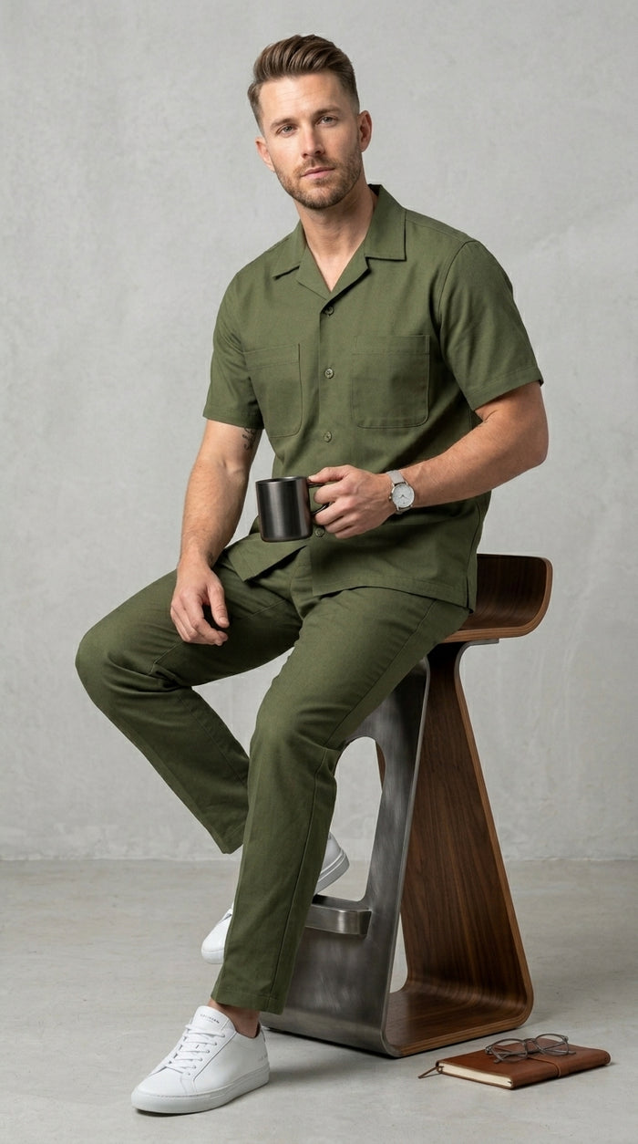 Men’s Olive Short Sleeve Walking Suit with Button Front Shirt and Matching Pants