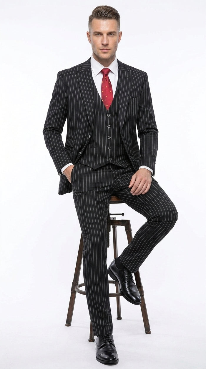 Men’s Black Bold Pinstripe 1920s Suit, Vintage 3 Piece Gangster Suit, Big and Tall Prom Outfit
