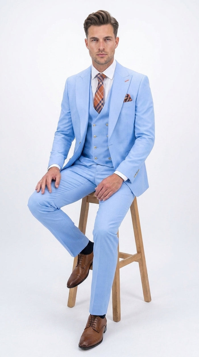 Statement Men’s Light Blue 3 Piece 100% Wool Fashion Suit, Bold Color Formal Wedding Suit