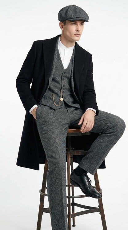 Men’s Grey Peaky Blinders 3 Piece Suit with Black Overcoat and Hat, Thomas Shelby Inspired Costume