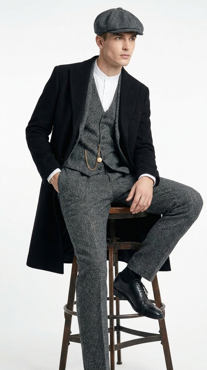 Men’s Grey Peaky Blinders 3 Piece Suit with Black Overcoat and Hat, Thomas Shelby Inspired Costume