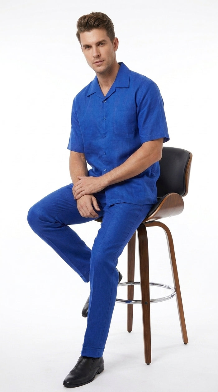 Men’s Royal Blue Linen Shirt and Pants Set, Casual Walking Suit Summer Outfit