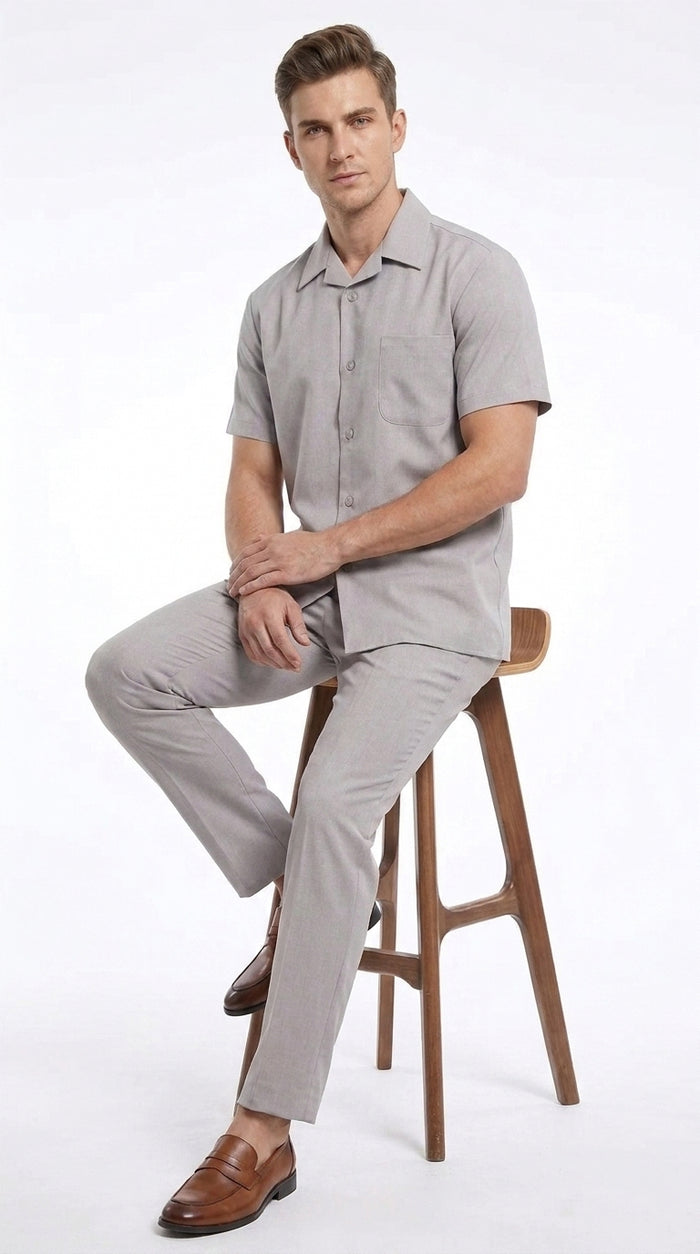 Men’s Light Grey 100% Linen Walking Suit, Short Sleeve Shirt and Pants Casual Leisure Set