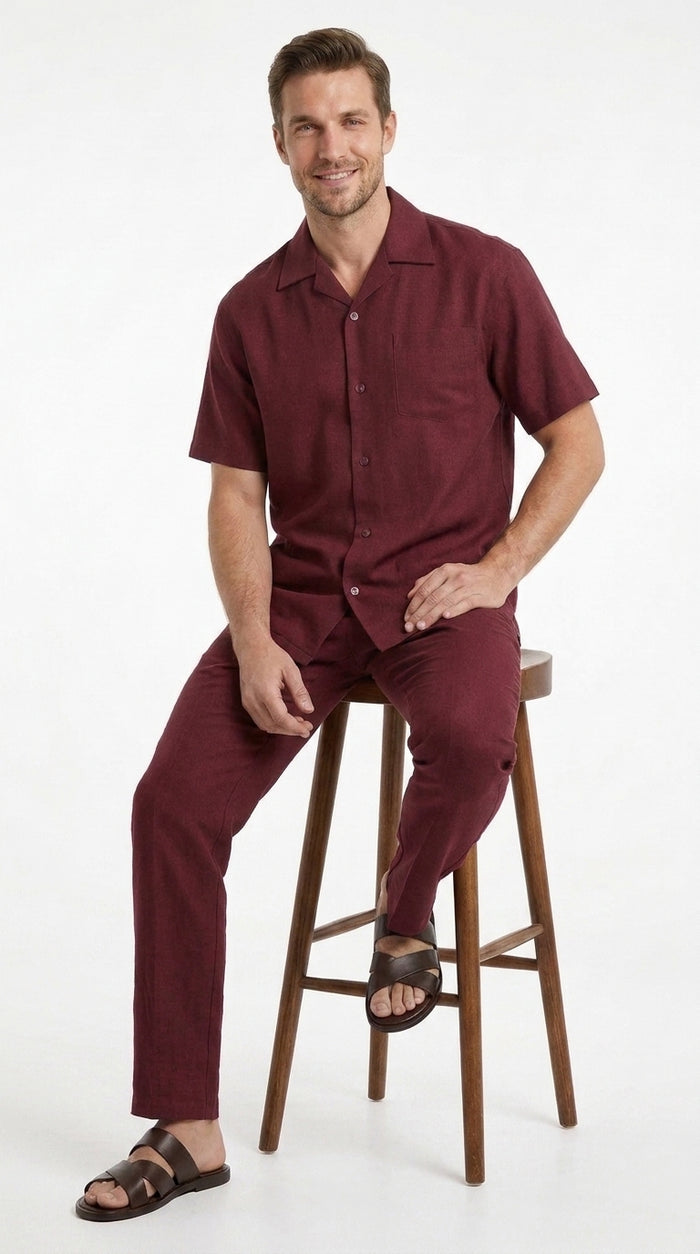 Men’s Burgundy Short Sleeve Walking Suit, Casual Summer Shirt and Pants Leisure Set