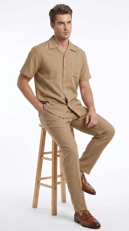 Men’s Tan Short Sleeve Walking Suit Casual Summer Leisure Set 2 Piece Shirt and Pants Outfit